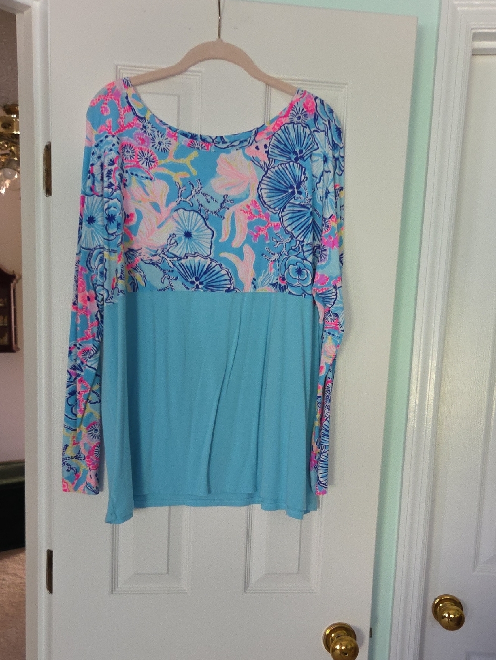 Lilly Pulitzer Aqua Floral Yoke Long Sleeve Top